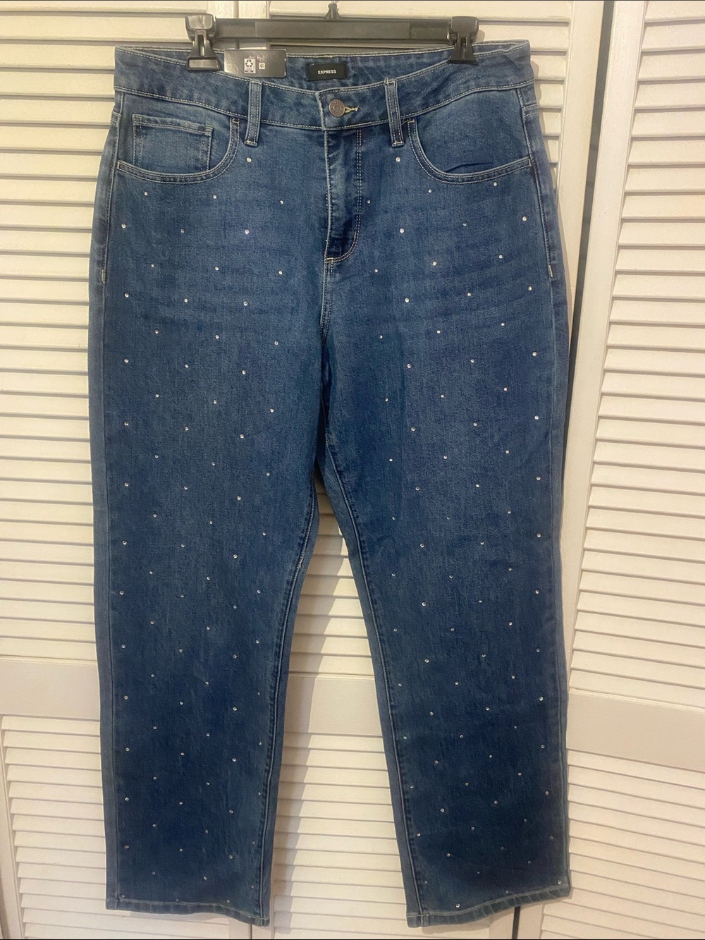 Express Women's Straight Leg Jeans in Dark Blue with Crystal Studs